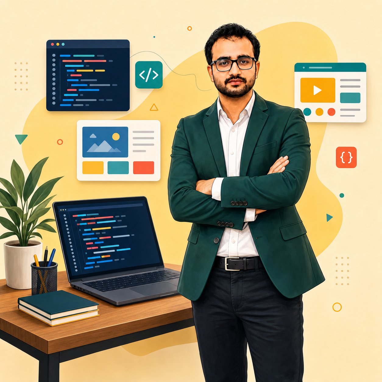 Alifarhad with a laptop and full-stack development interface elements